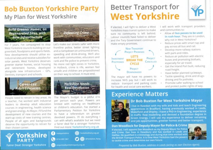 West Yorkshire Mayoral Election leaflet- Bob Buxton (Yorkshire Party)